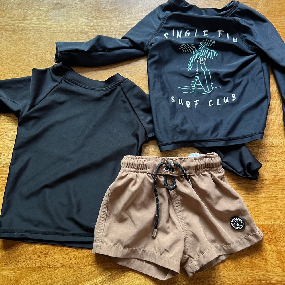 Kids Swim Set - Black and Tan binky bro bottoms with little surfer dude tops